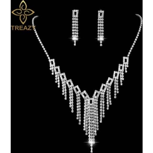 TREAZY Silver Color Crystal Bridal Jewelry Sets Rhinestone Tassels Necklace Earrings Sets Wedding Engagement Jewelry Accessories