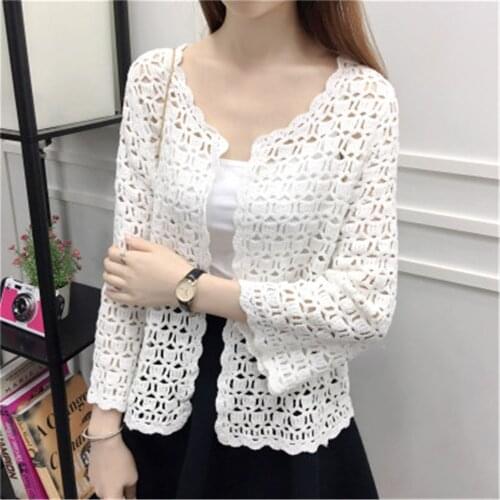 Korean Lace Shirts 2020 Spring Summer Crochet White Lace Blouse Women Fashion Tops Sexy Hollow Out Knitted Cardigan Femme PZ3246