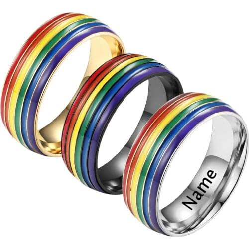 Multicolor Mens Womens Rainbow Colorful LGBT Pulsera Ring Stainless Steel Wedding Band Lebian & Gay Rings,Carving, Drop Shipping