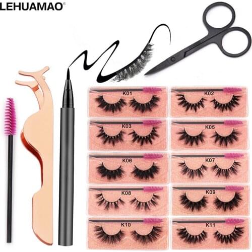 Eye makeup kit 10Pairs Eyelashes 3D Mink Lashes Fluffy Soft Natural Cross Lashes1Pair Eyeliner pen Long lasting Self Adhesive