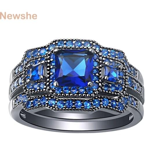 Newshe 3 Pcs Black Wedding Ring Set For Women Engagement Rings Blue Princess Cut AAAAA Cubic Zircon Fashion Jewelry QR4687WG