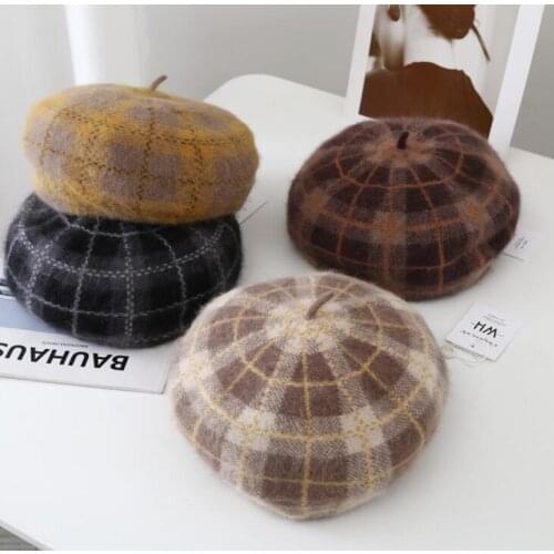 2021 New Girl Beret French Artist Warm 100% Wool Winter Beanie Hats Vintage Plain Beret Hats Plaid Elegant Lady Winter Caps