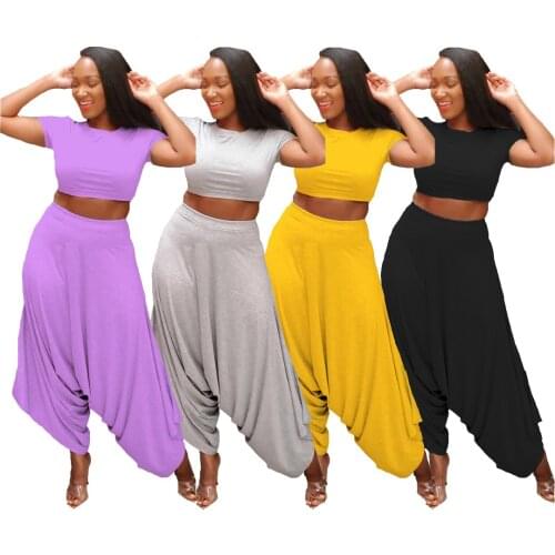 Casual Harem Pants 2 Pieces Sets Women Sexy Crop Top and Long Looser Pants Casual Tracksuit Summer Solid Outfits 2021 Clothings