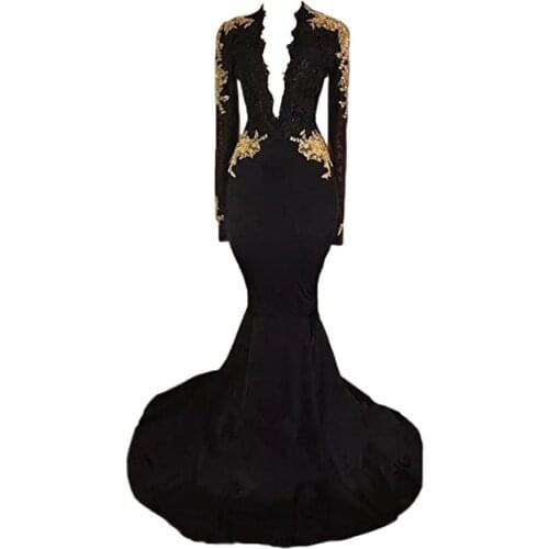 Sexy Deep V-Neck Mermaid Prom Dresses Long Sleeve Formal Party Lace Appliques Evening Gowns