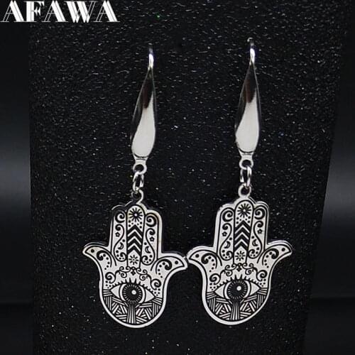 Hamsa Hand Stainless Steel Dangle Earrings Women Black Enamel Earrings Jewelry joyas de acero inoxidable para mujer E1794S02
