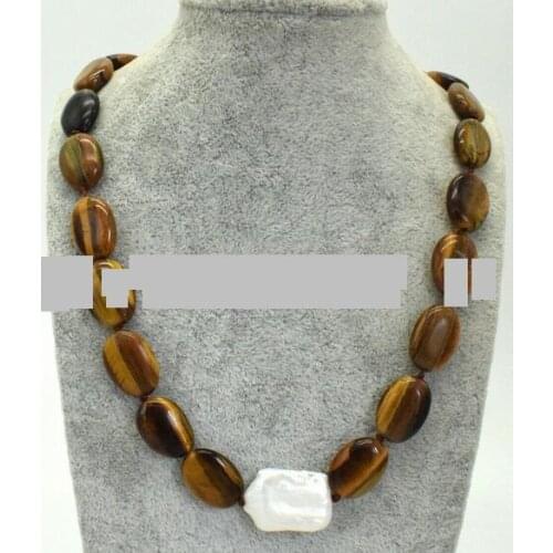 Pretty 13x18mm Yellow Oval Tigers-Eye & 15-20mm White Baroque Pearl Necklace