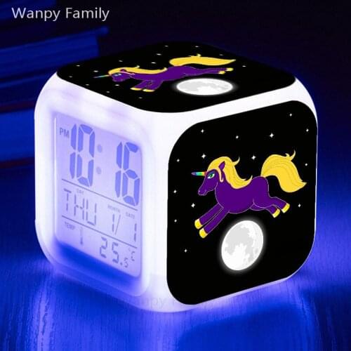 Cute Unicorn LED Alarm Clock 7 Color Glowing Large screen Digital Clock For Students Desktop Multifunction Electronic Clock
