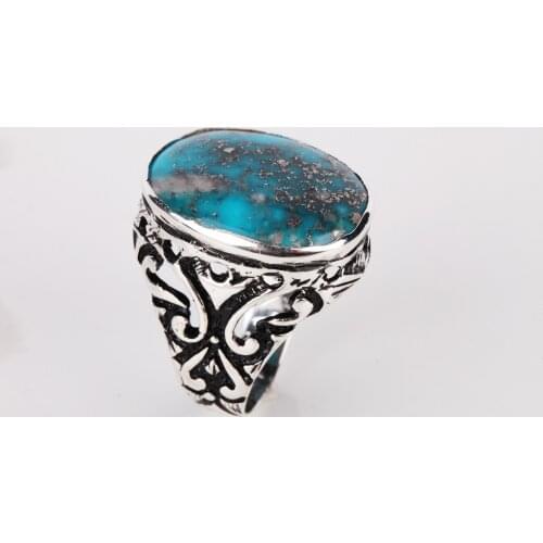 UM US JEWELRY Turquoise Natural Stone Hand Embroidered 925 Sterling Silver Men Ring