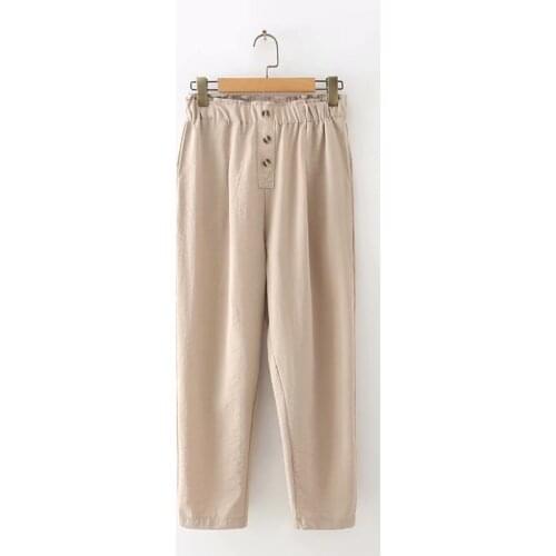 Plus size Khaki gray black button women linen ankle-length pants 2021 spring summer casual ladies haren pants female trousers