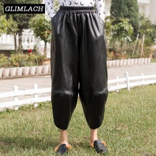 2019 New Hip Hop Baggy Real Leather Harem Pants Women Loose Fit Sheepskin Leather Lantern Trousers Ladies Fashion Wide Leg Pants