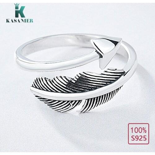 KASANIER Hot Sale Authentic 925 Sterling Silver Feather Wings Adjustable Finger Ring for Women Retro Silver Fashion Jewelry Gift