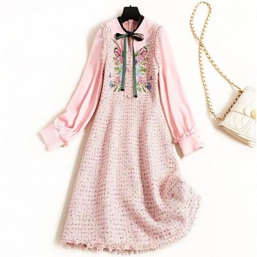 Runway Fashion Woman Clothes 2020 Spring Dress Elegant Long Sleeve Floral Embroidery Aline Tweed Woolen Dress Vestidos