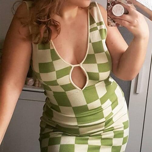 Sling Plaid 2021 Summer Y2k Womens Mid-length Dress Knitted Sleeveless Dress Hollow V-neck Sexy Casual Green Beach Skirt