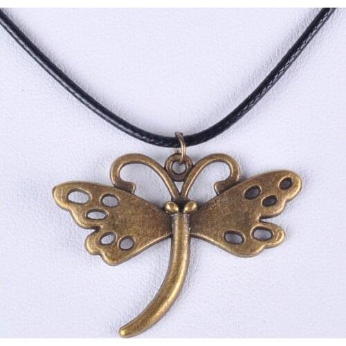 28*36MM Vintage bronze antique ancient dragonfly pendant necklace women wax cord rope necklace jewelry fashion alloy jewellery