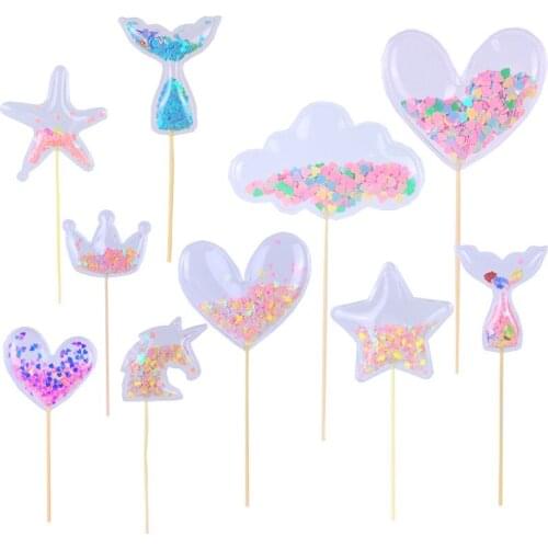 3Pcs Transparent Sequin Cake Topper Baby Shower Birthday DIY Cake Top Flags Decoration Cupcake Topper Mermaid Party Supplies