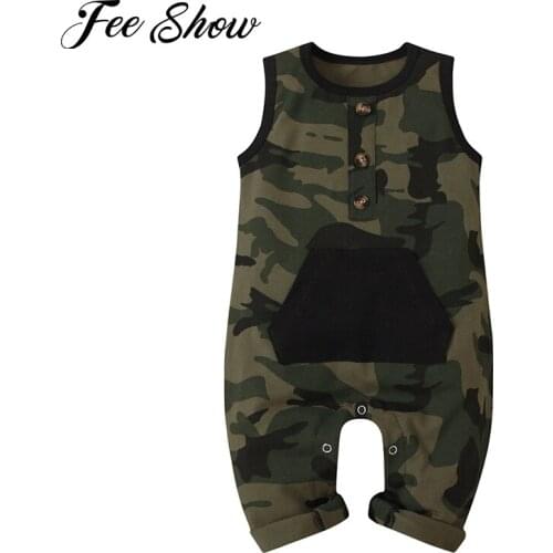 Newborn Baby Boys Camouflage Romper Clothes Summer Sleeveless Buttons Infant Bebes Boys Girls Toddler Kids Camo Jumpsuit Sunsuit