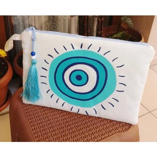 Handmade and hand painting Linen Design Blue Evil Eye Eye Summer Beach Women Teenager Girls Accessory Clutch Makeup Bag Wallet
