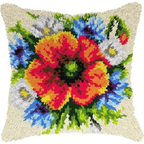 Latch Hook Kits for DIY Throw Pillow Cover with Printed Pattern Flower Needlework Cushion Cover Hand Craft for adults