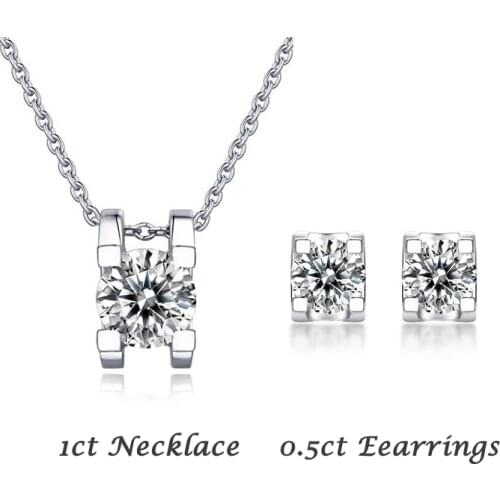 925 silver necklace earrings set Moissanite classic four-claws Anniversary gift 1ct DF color round excellent cut