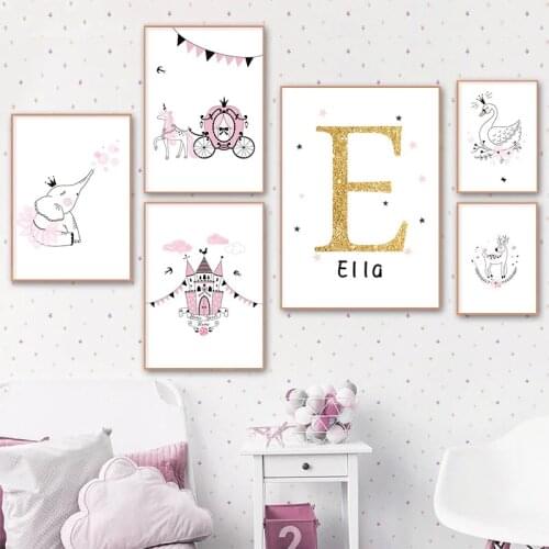 Personalized Name Poster Baby Girl Nursery Wall Art Print Pink Custom Letter castle Swan Canvas Painting For Kid Bedroom Picture