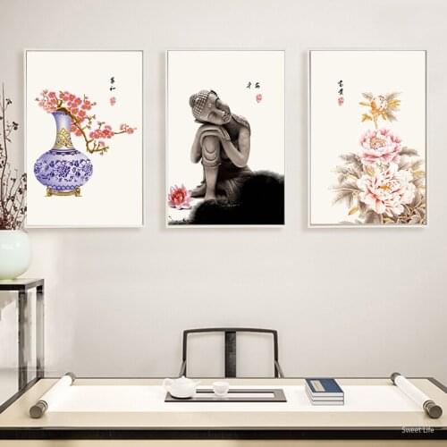 Portrait Chinese Religion Buddha Icon Ink Flowers Painting Wall Art Print Picture Canvas Painting Poster for Living Room Decor