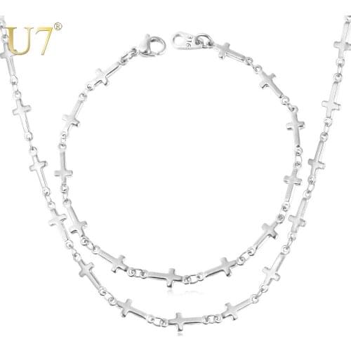 U7 Christian Cross Necklace Set Made With High Quality 316L Stainless Steel Necklace/Bracelet Jewelry Set Wholesale S467