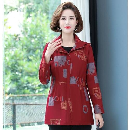 Spring Fall Mothers Jacket 2021 Middle-aged Women Casual Hooded Coat Fashion Mid-length Letter Printing Female Windbreaker 5X