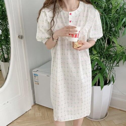 2021 Summer New Korean Home Dress Floral Print Lace Round Neck Nightgown Cotton Short Sleeve Nightdress Womens Sleepwear Lady