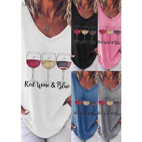 FEOGOR 2021 summer new womens solid color wine glass printing V-neck loose pullover womens T-shirt Loose top Casual T-shirt