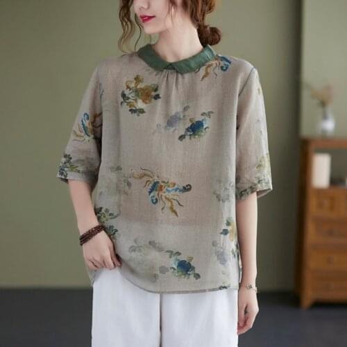 Women Cotton Linen Casual T-shirts New Arrival 2021 Summer Vintage Style Floral Print Loose Female Half Sleeve Tops Tees B637