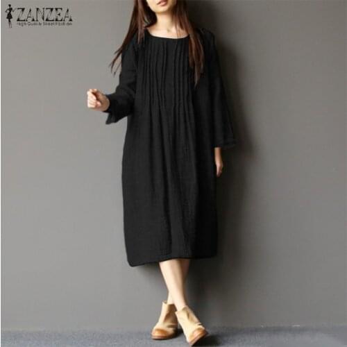 Womens Spring Sundress ZANZEA 2021 Kaftan Pleated Midi Dress Casual Long Sleeve Vestidos Female Pleated Robe Femme