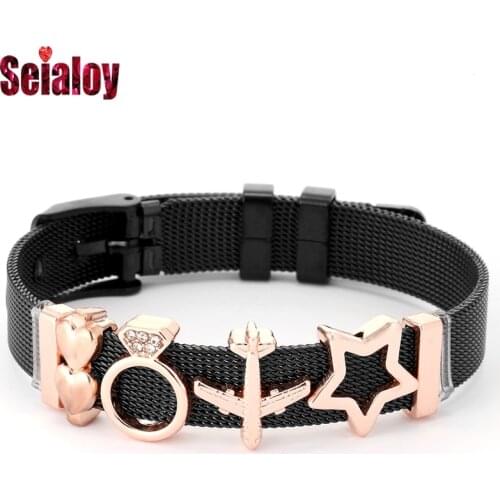 10mm Black Stainless Steel Mesh Bracelets For Women Rose Gold Heart Crystal Stars Charm Brands Bracelet Bangles Jewelry Gifts