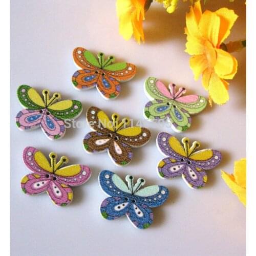 150Pcs Random Mixed Butterfly Pattern Wood Sewing bulk Buttons 2 Holes botao craft Scrapbooking accessories