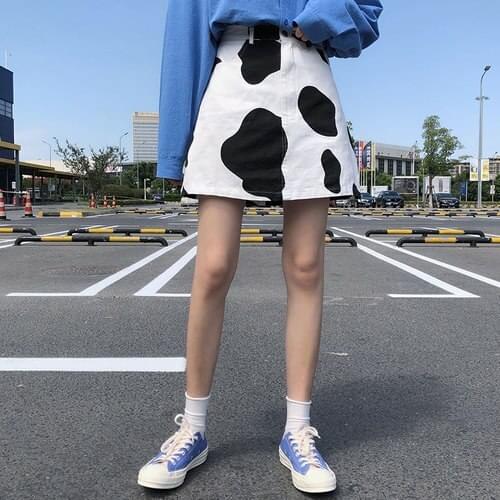 2020 Fashion Casual Loose Basic A-line Simple College Wind Mini Women Skirts S-L Casual Black White Cow Skin Pattern High Waist