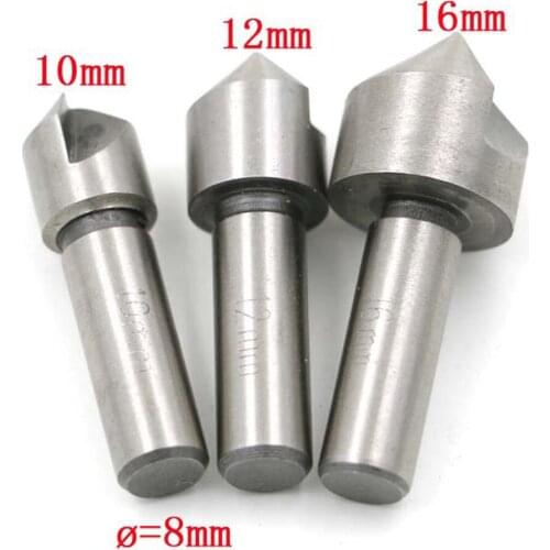 3PCS High-speed Steel 90 Degree Single Edge Chamfering Countersink Set 10/12/16mm Cutter 8mm Round Shank