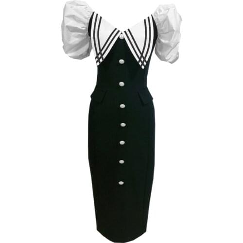 PERHAPS U Puff Short Sleeve Knee Length Black And White Patchwork Dress Vintage Pencil V Neck Elegant D1816