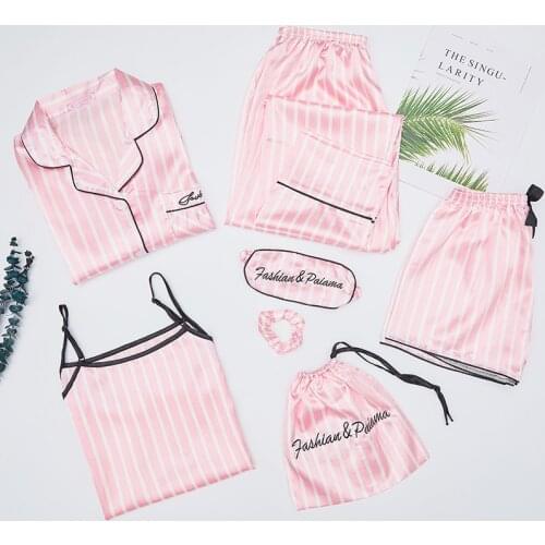 Pink Womens 7 Pieces Pajamas Sets Emulation Silk Striped Pyjama Women Sleepwear Spring Summer Fashion Autumn Homewear