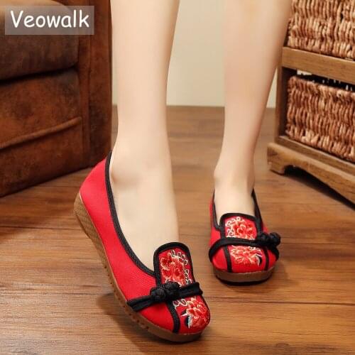 Veowalk Vintage Women Canvas Embroidered Slip on Flat Shoes Ladies Casual Comfortable Non-Slippery Platforms Sneakers Red Blue