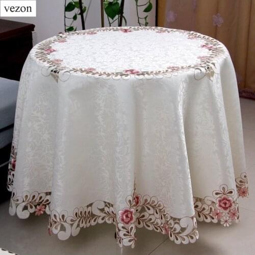 Vezon Sale Round Elegant Polyester Satin Jacquard Embroidery Floral Tablecloth Embroidered Hand Cutwork Table Cloth Cover Towels