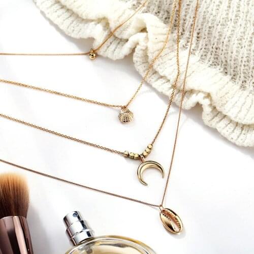 Moon Necklaces for Women Boho Multi-layer Shell Pendant Chain Necklace Choker Womens Jewelry Accessories Collares Kpop