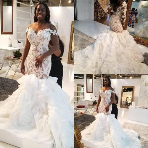 Long Sleeves Wedding Dresses Mermaid Lace Applique Ruffles Custom Sweep Train African Plus Size Wedding Gown vestido de novia