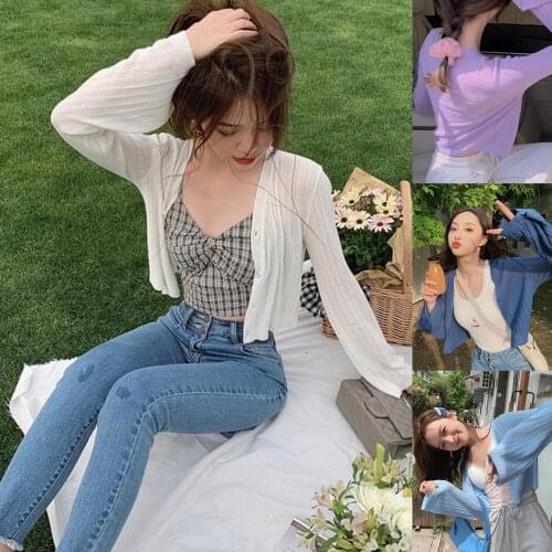 Preppy Style Solid Knit Cardigans Sweater Women V Neck Buttons Loose elegaht Thin Pull Femme Long Flare Sleeve Short Casual Coat