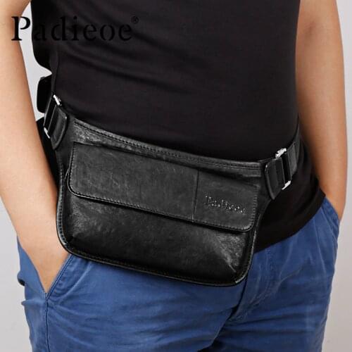 Padieoe High Quality Men Fanny Pack Genuine Leather Waist Bag for Money Mobile Phone Mens Fashion Adjustable Strap Waist Pack
