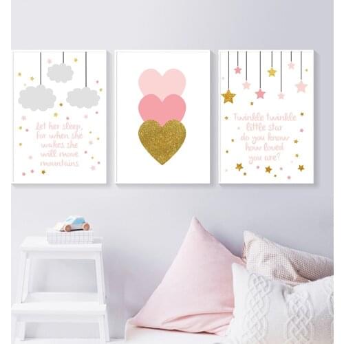 Modern Cartoon Pink Gold Heart Nursery Poster Canvas Painting Wall Art Prints Pictures Girls Bedroom Interior Home Decorative