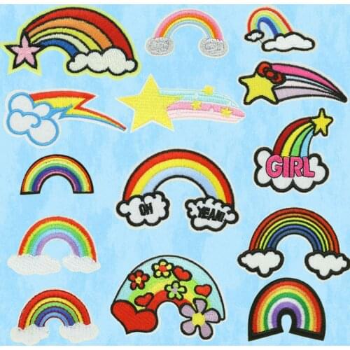 Rainbow Arch Embroidery Cloth Sticker Cartoon Cloud Iron on Patch Thermo Adhesive Colorful Clothes Appliques Patches for Jackets