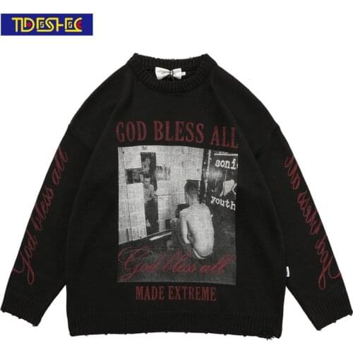 TIDESHEC Knitted sweater hip-hop gothic pattern sweater 2021 sweater Harajuku fashion loose street casual mens knitted top