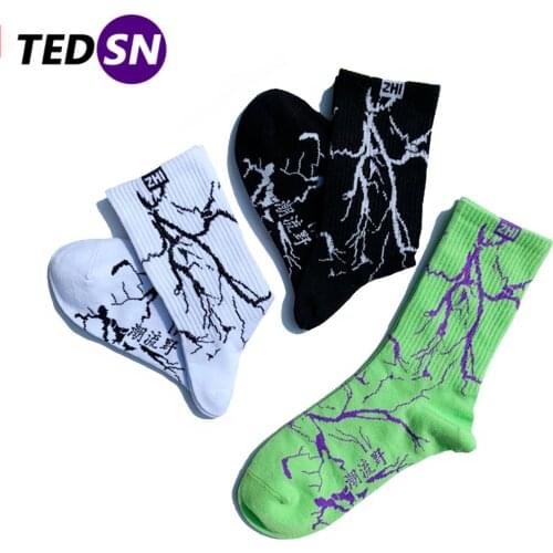 Hip Hop Lightning Printed Funny Socks Men Harajuku Happy Sock 2020 Fashion Unisex Casual Cotton Crew Socks Black White Green