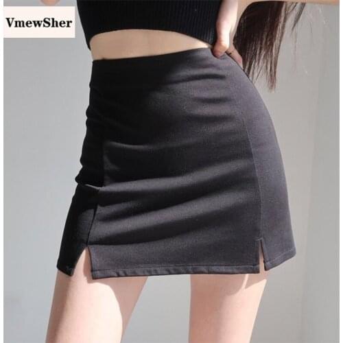 VmewSher Women Mini Bodycon Skirt With Split Mini Famele Fashion Short Black Skirts High Waist Sexy Club Party Cool Streetwear