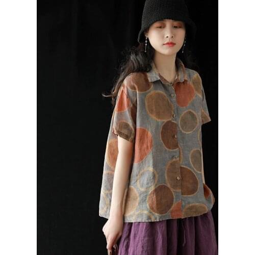 QPFJQD Women Buttons Casual Dot Print Short Sleeve Shirts Turn Down Collar Vintage Loose Cotton Linen Ladies Tops And Blouses