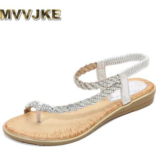 MVVJKEWomen Summer Shoes Rhinestone Elastic Sandals Sequin Thong Sandals Non-slip Lady Shoes Large Size 42